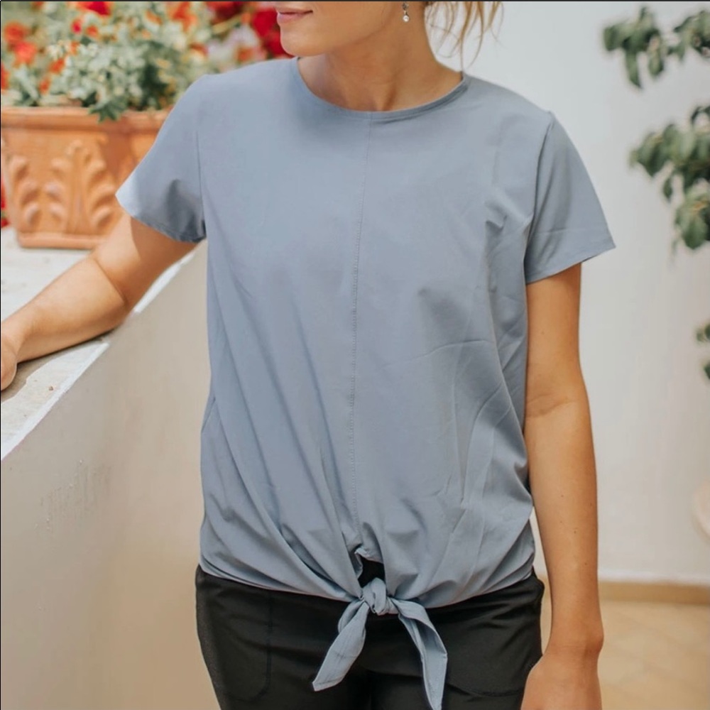 ALBION Tie Front Top French Blue Short Sleeve L